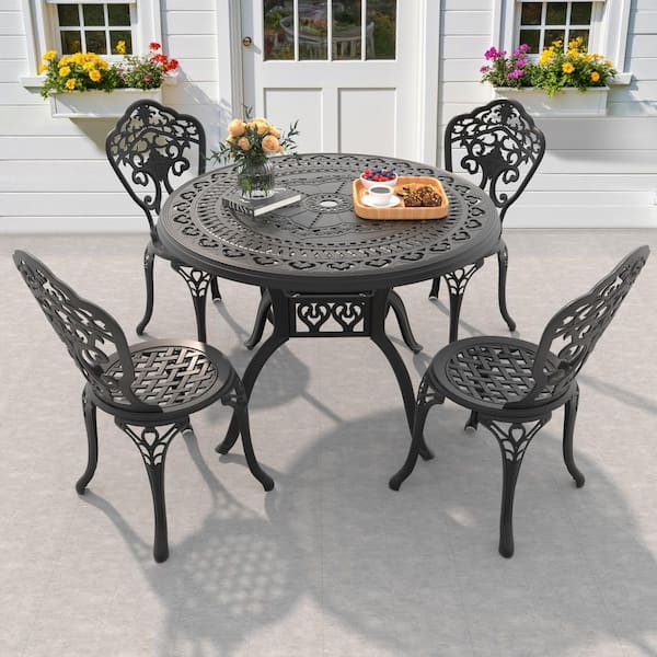 Orchid Black 5-Piece of Cast Aluminum Outdoor Patio Dining Set with 39.37 in. Round Table and Armless Chairs