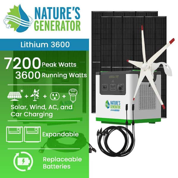 Lithium 3600-Watt Cont/7200W Peak Push Button Start Solar Gen Include a 3600W Lithium Pod 4 410W Panels and Wind Turbine
