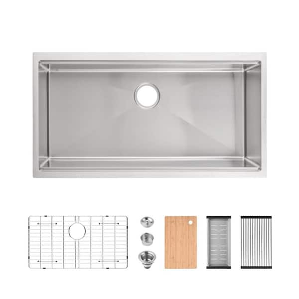 36 in. Undermount Single Bowl 20-Gauge Stainless Steel Kitchen Sink with Cutting Board, Colander, Grid