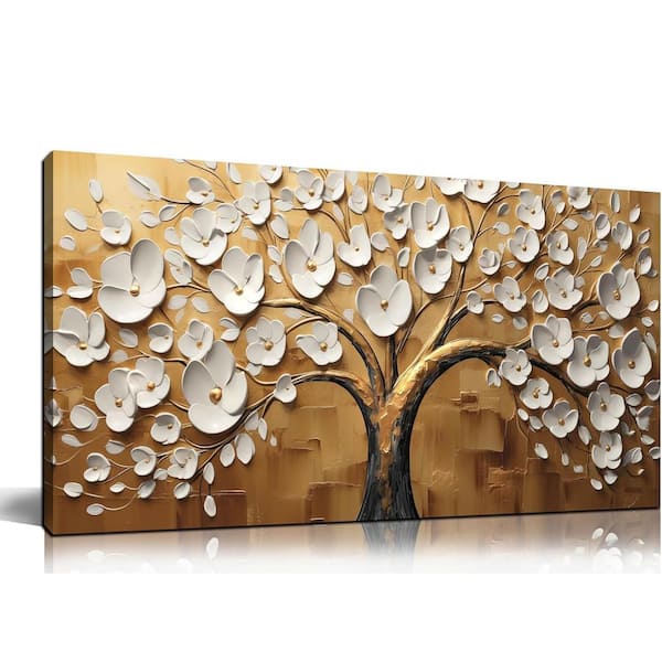 Unbranded 20 x 40 in. Framed Gold Tree of Life Wall Art with White Flowers for Home and Office Decor