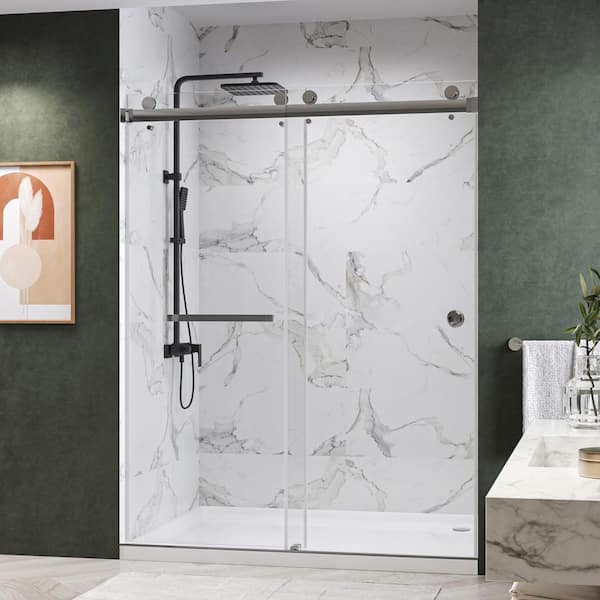 Kobiworks CatalystFP 66 in. W x 76 in. H Double Sliding Frameless Shower Door in Chrome with 3/8 in. Clear Glass