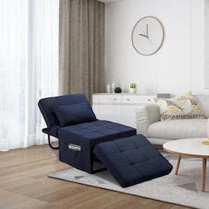 4 in-1 72 in. W Dark Blue Folding Linen Full Size Sofa Bed Convertible Chair/Ottoman