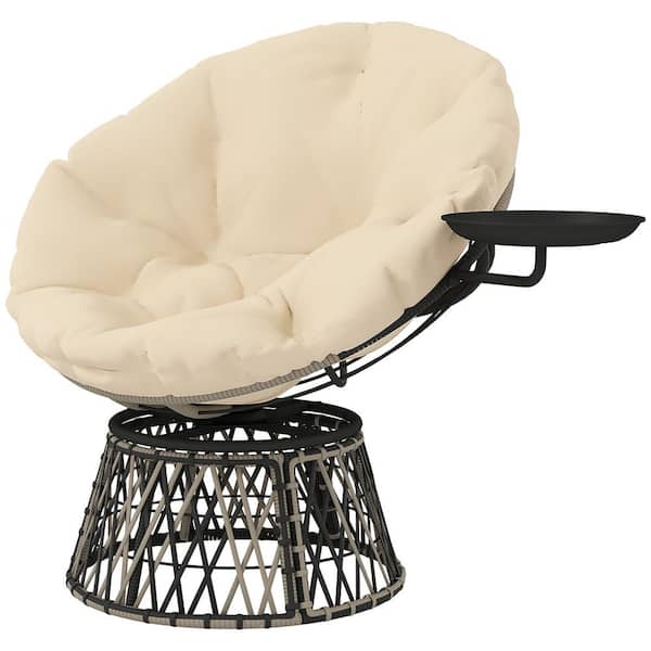 Outdoor Papasan Chair with Side Tray, 360° Swivel Overstuffed Circle Chair with Cushion, Wicker Lounge Chair, Beige