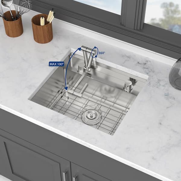 21 in. Undermount Single Bowl 16 Gauge Brushed Nickel Stainless Steel Kitchen Sink with Folding Faucet