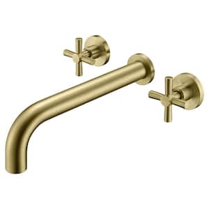 Cross Double Handle Wall Mount Roman Tub Faucet with Valve in Brushed Gold