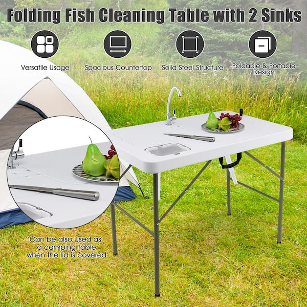 Tangkula Portable Fish Cleaning Table Folding Camping Table w/ 2 Sinks & Rotatable Faucet Functional Garbage Holder & Measuring Mark