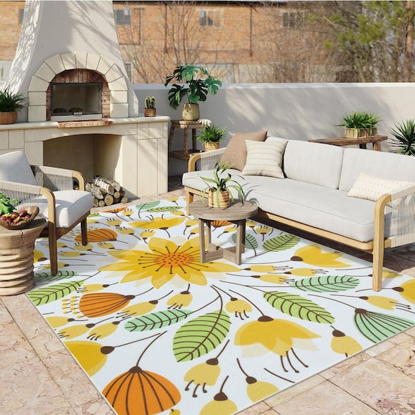 Colorful Floral Washable Non-Slip 8 ft. x 10 ft. Outdoor Yellow Area Rug