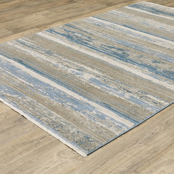 Brooker Blue/Beige 8 ft. x 11 ft. Distressed Stripe Recycled PET Yarn Indoor Area Rug