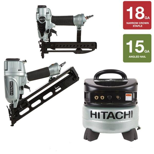 Hitachi 2-1/2 in. Angled Finish Nailer, 1/4 in. Crown Stapler and 6 gal. Compressor Kit (3-Piece)