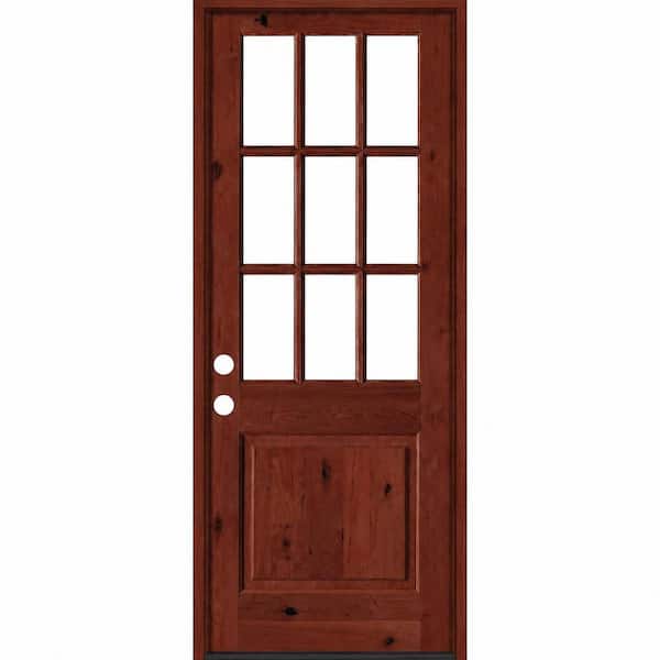 42 in. x 96 in. Knotty Alder Right-Hand/Inswing 9-Lite Clear Glass BEHR Red Mahogany Stain Wood Prehung Front Door