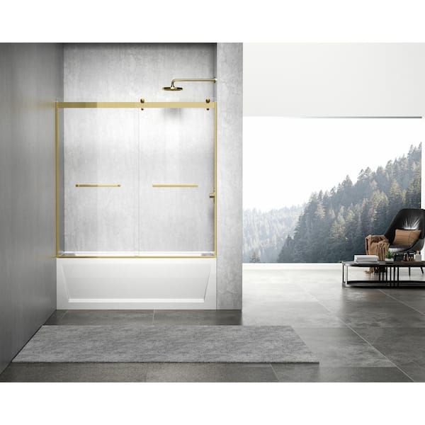 Unbranded Frameless Sliding Tub Door in Brushed Gold with Clear Glass