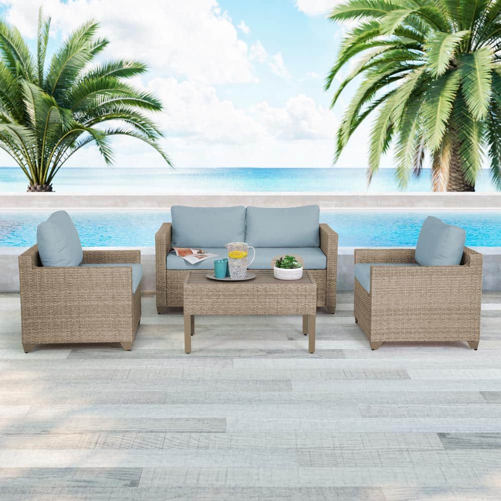 Maui 5-Piece Metal Patio Conversation Set with Sky Blue Cushions