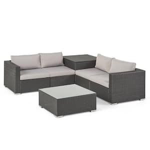 Santa Rosa Grey 6-Piece Faux Rattan and Aluminum Patio Conversation Sectional Seating Set with Light Grey Cushions