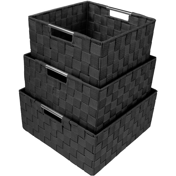 3-Sizes Storage Baskets for Organizing, Linen Closet Storage, Black 12.5 in. x 6 in. Plastic Decorative Baskets Set of 3