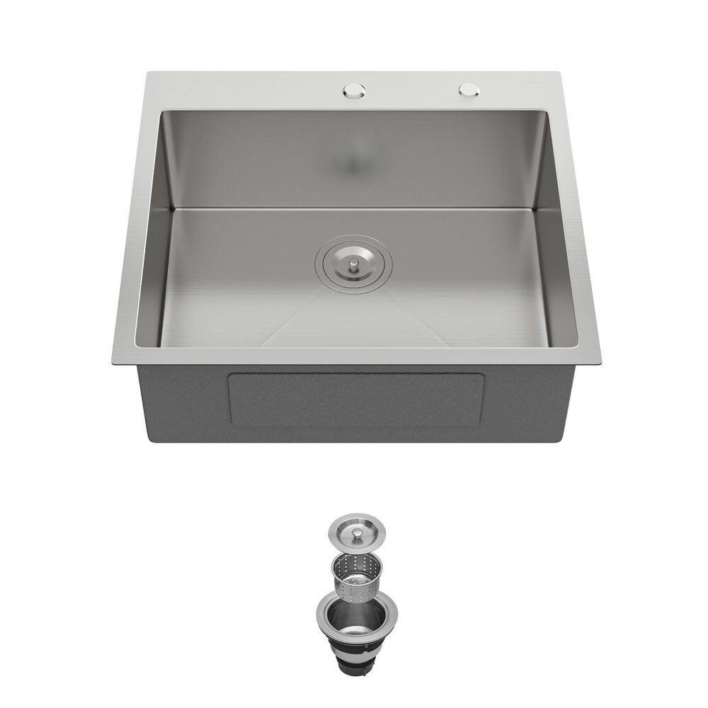 24 in. Drop-In Single Bowl 16 Gauge Brushed Nickel Stainless Steel Kitchen Sink with Drain Assembly price history on PriceWatchPro