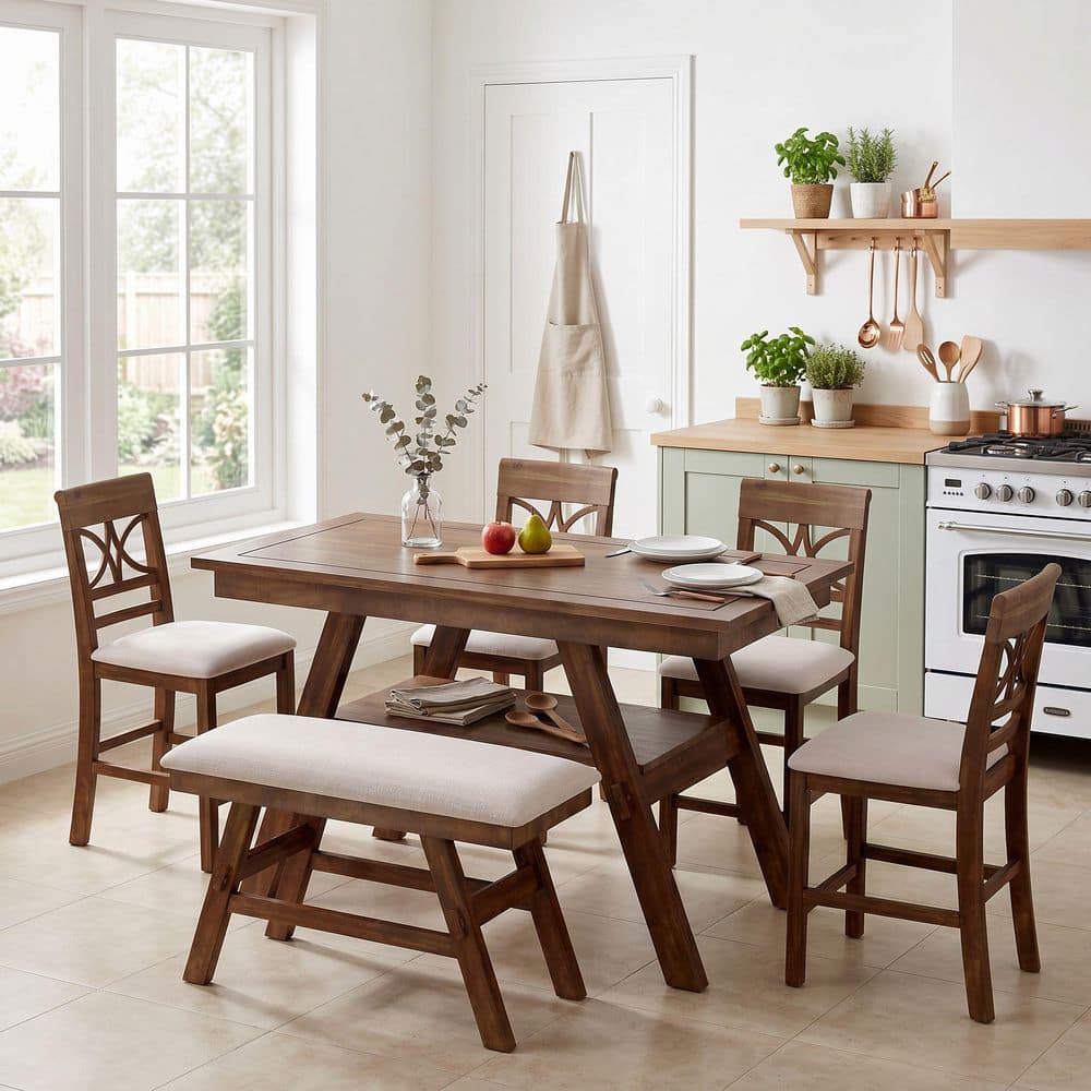 Counter Height 36 in. H Walnut Brown Wood Top Dining Bar Table Set Seats 6 with Open Shelf, 4 Beige Linen Chairs 1 Bench price history on PriceWatchPro