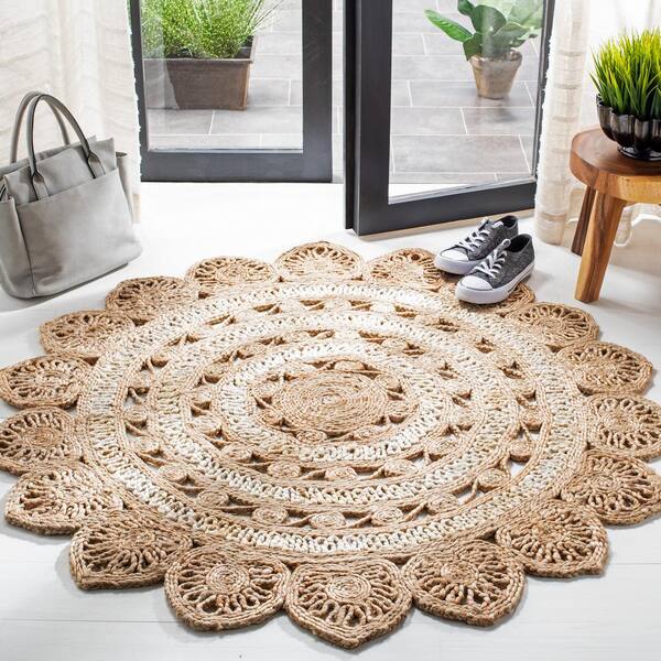 Natural Fiber Ivory/Beige Doormat 3 ft. x 3 ft. Woven Floral Round Area Rug