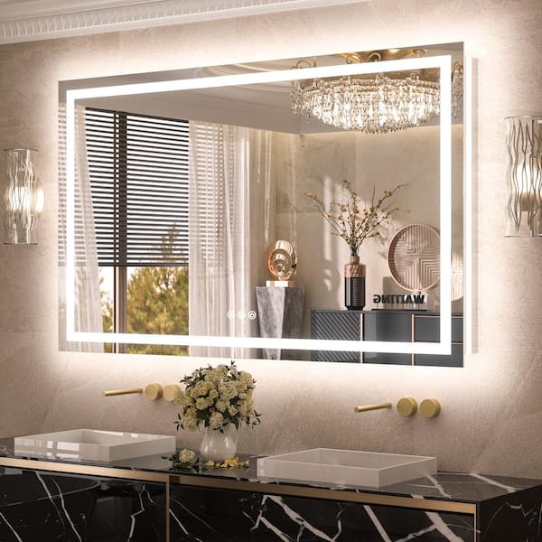 55 in. W x 30 in. H Rectangular Frameless with Frontlit & Backlit Anti-Fog LED Mirro Wall Mount Bathroom Vanity Mirror