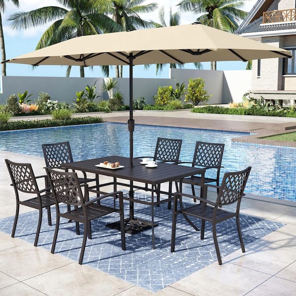 PHI VILLA 8-Piece Metal Outdoor Patio Dining Set with Umbrella and ...