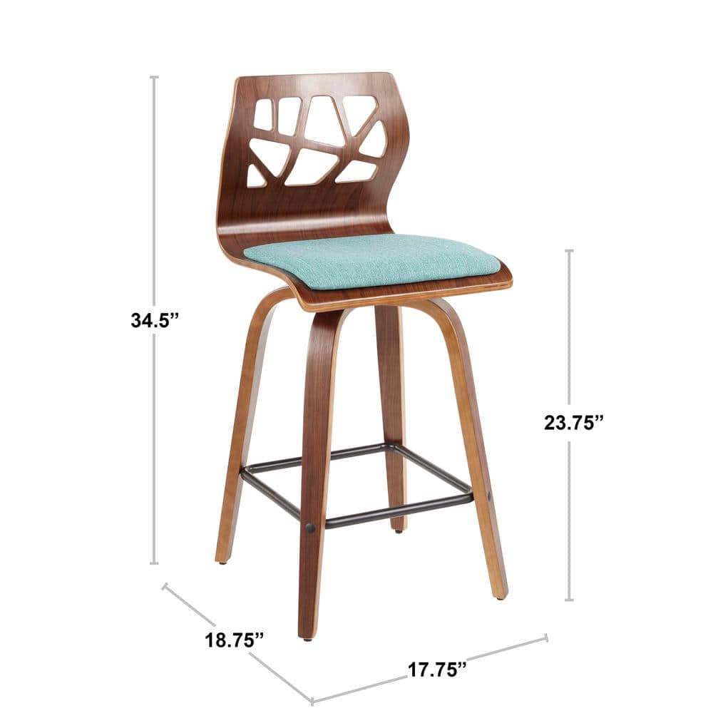 Walnut Wood Teal Fabric Mid Century Modern Swivel Counter Stool