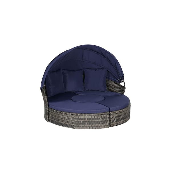 Sudzendf 5-Pieces Gray Wicker Outdoor Patio Day Bed with Dark Blue Cushions and Canopy