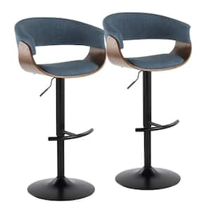 Vintage Mod 32 in. Blue Fabric, Walnut Wood and Black Metal Adjustable Bar Stool Rounded T Footrest (Set of 2)