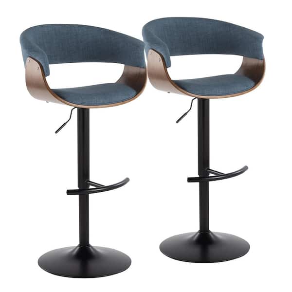 Lumisource Vintage Mod 32 in. Blue Fabric, Walnut Wood and Black Metal Adjustable Bar Stool Rounded T Footrest (Set of 2)