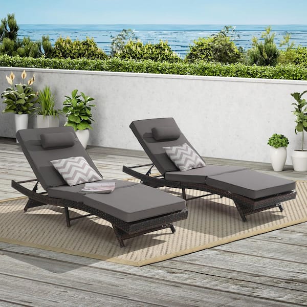 Cesicia (Set of 2) Brown Rattan Wicker Outdoor Chaise Lounge with Dark Gray Cushions