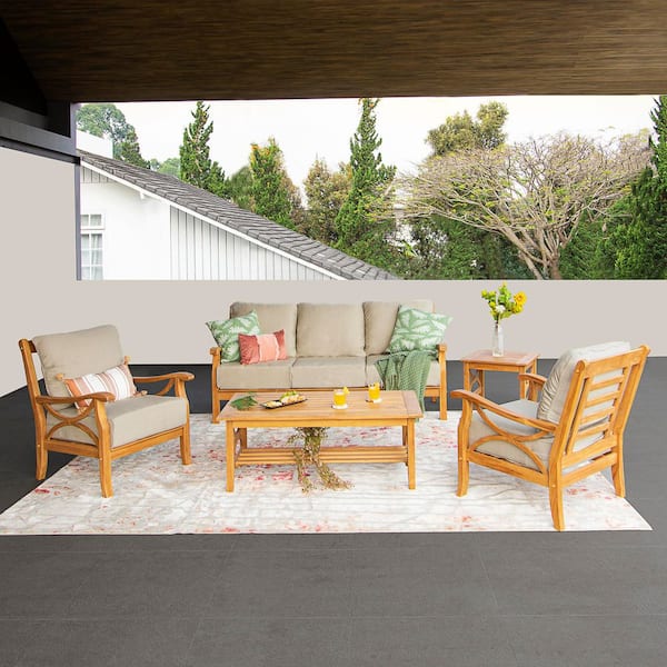 Cambridge Casual Cambridge Casual Abbington Teak Wood 5 Piece Patio Conversation Set with Beige Cushion