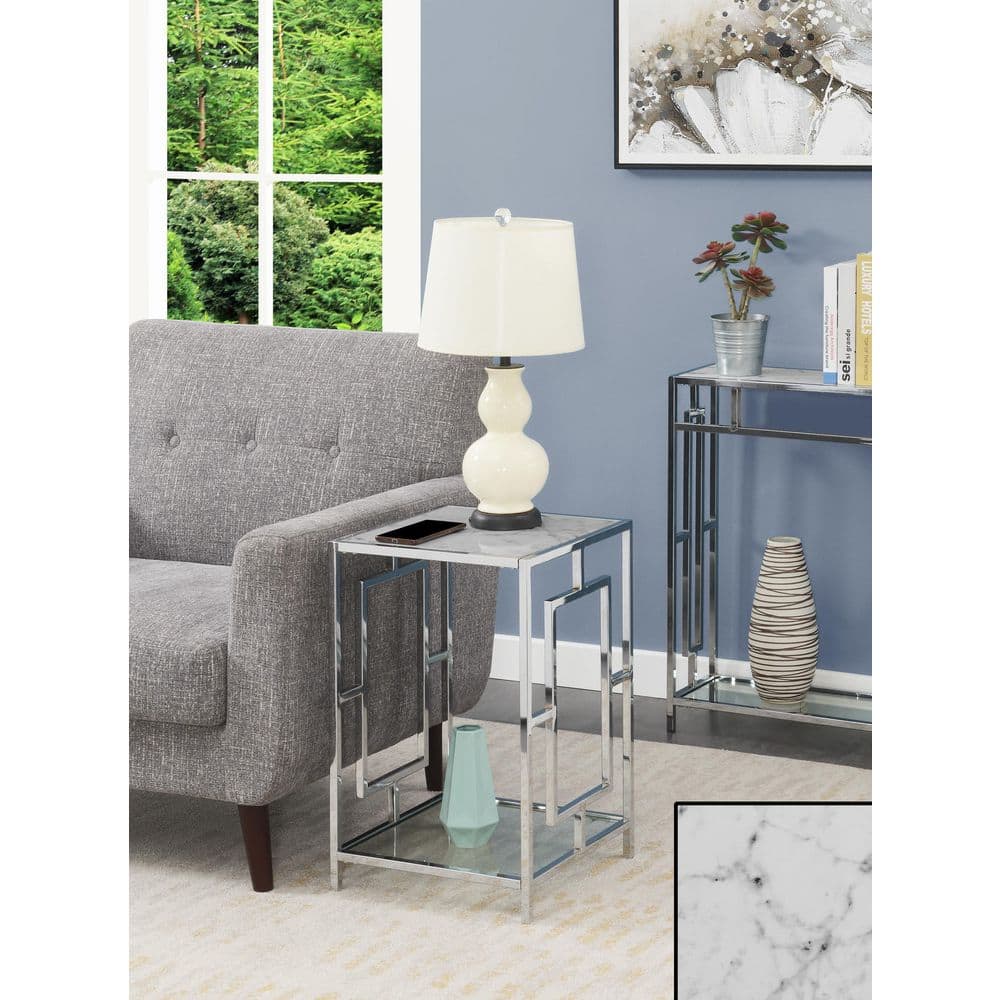 Town Square 16" White Marble and Chrome End Table