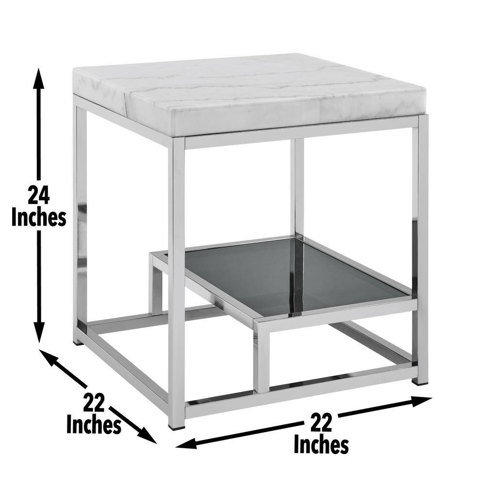Aston White Marble and Chrome Square End Table with Shelf