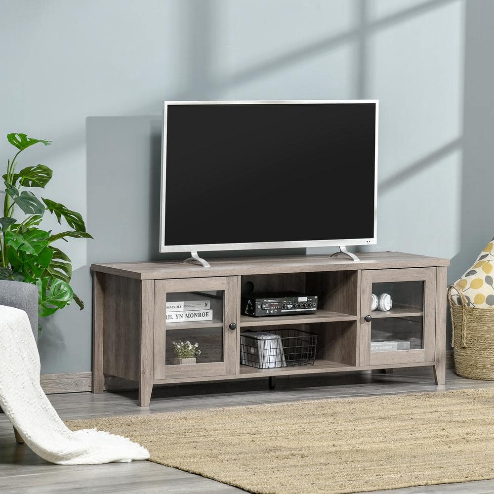 Modern Gray Wash TV Stand with Open Shelves and Cabinets