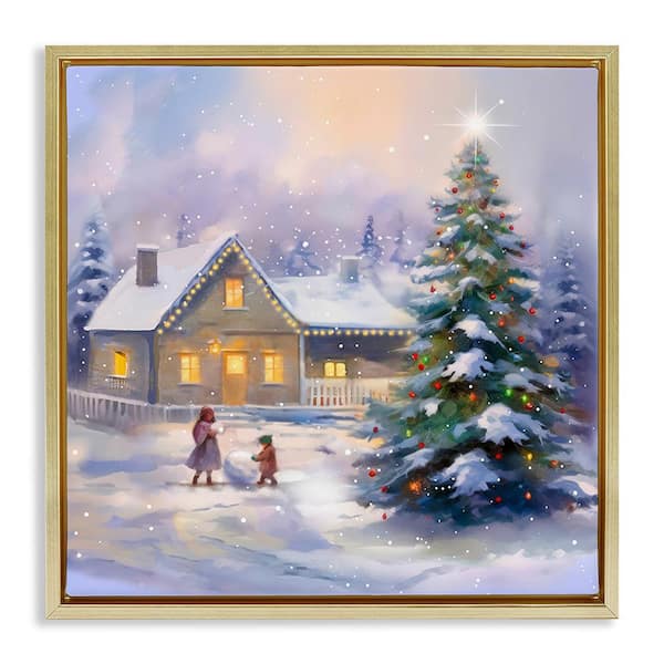 Stupell Industries Children Building Snowman by Enrico McGarrigle 1 Piece Floater Frame Graphic Print Nature Art Print 25 in. x 25 in.