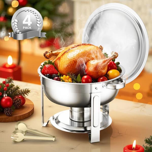 Chafing Dish Buffet Set, 5 qt. 4-Pack, Silver, Stainless Steel Chafing Dishes and Accessories, Round Catering Warmer
