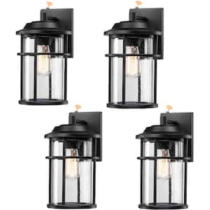 13 in. Matte Black Hardwired Outdoor Wall Lantern Dusk to Dawn Wall Sconce Sensor Light with Clear Seeded Glass (4-Pack)