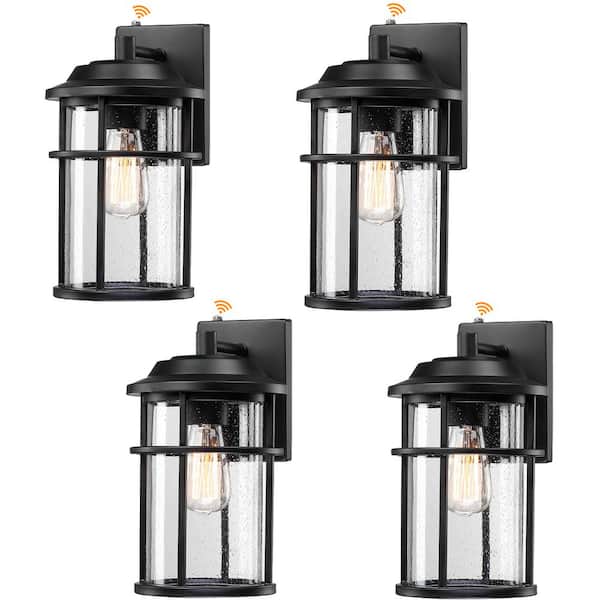 13 in. Matte Black Hardwired Outdoor Wall Lantern Dusk to Dawn Wall Sconce Sensor Light with Clear Seeded Glass (4-Pack)