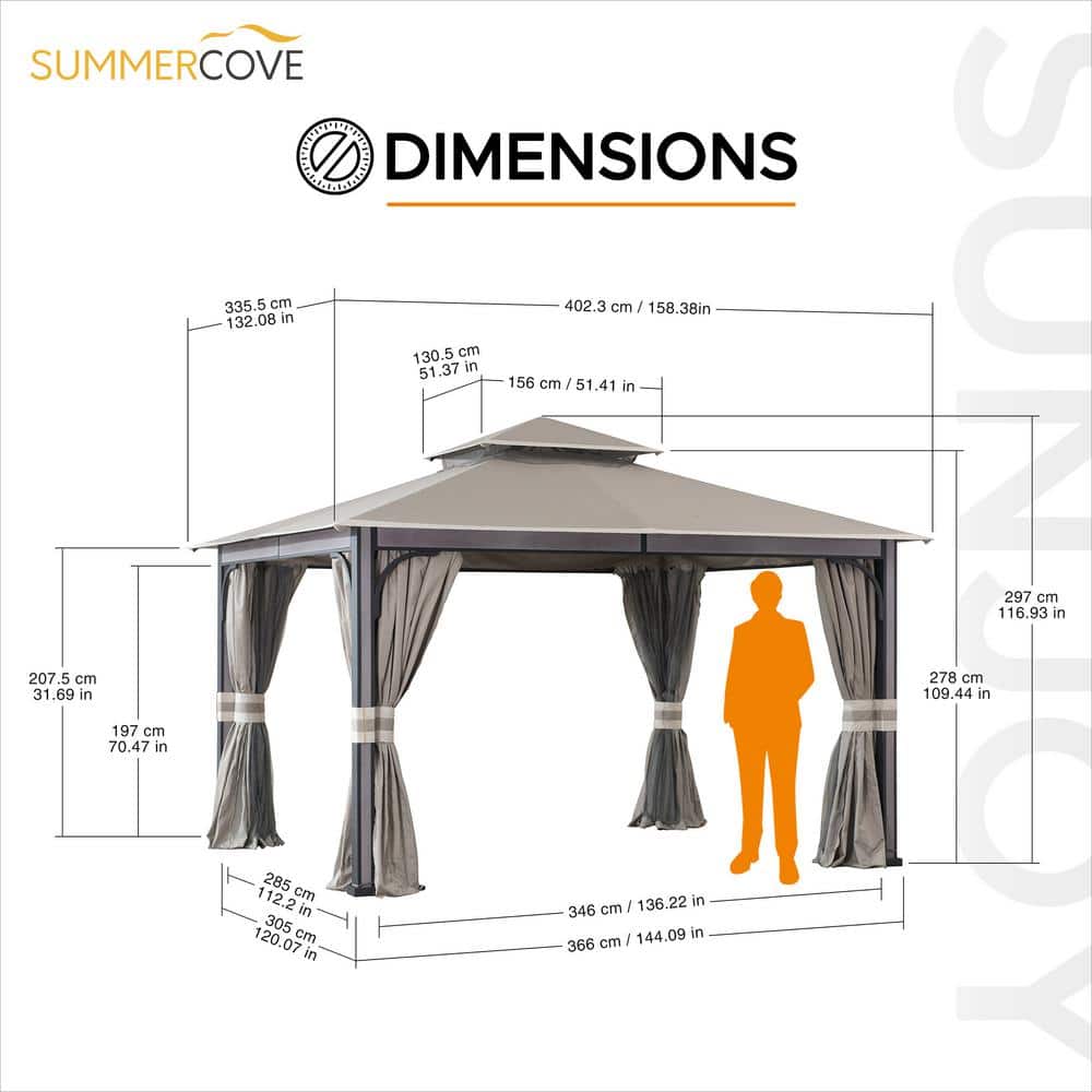 Light Gray 11 x 13 ft. Steel Frame 2-Tier Gazebo with Netting and Curtains