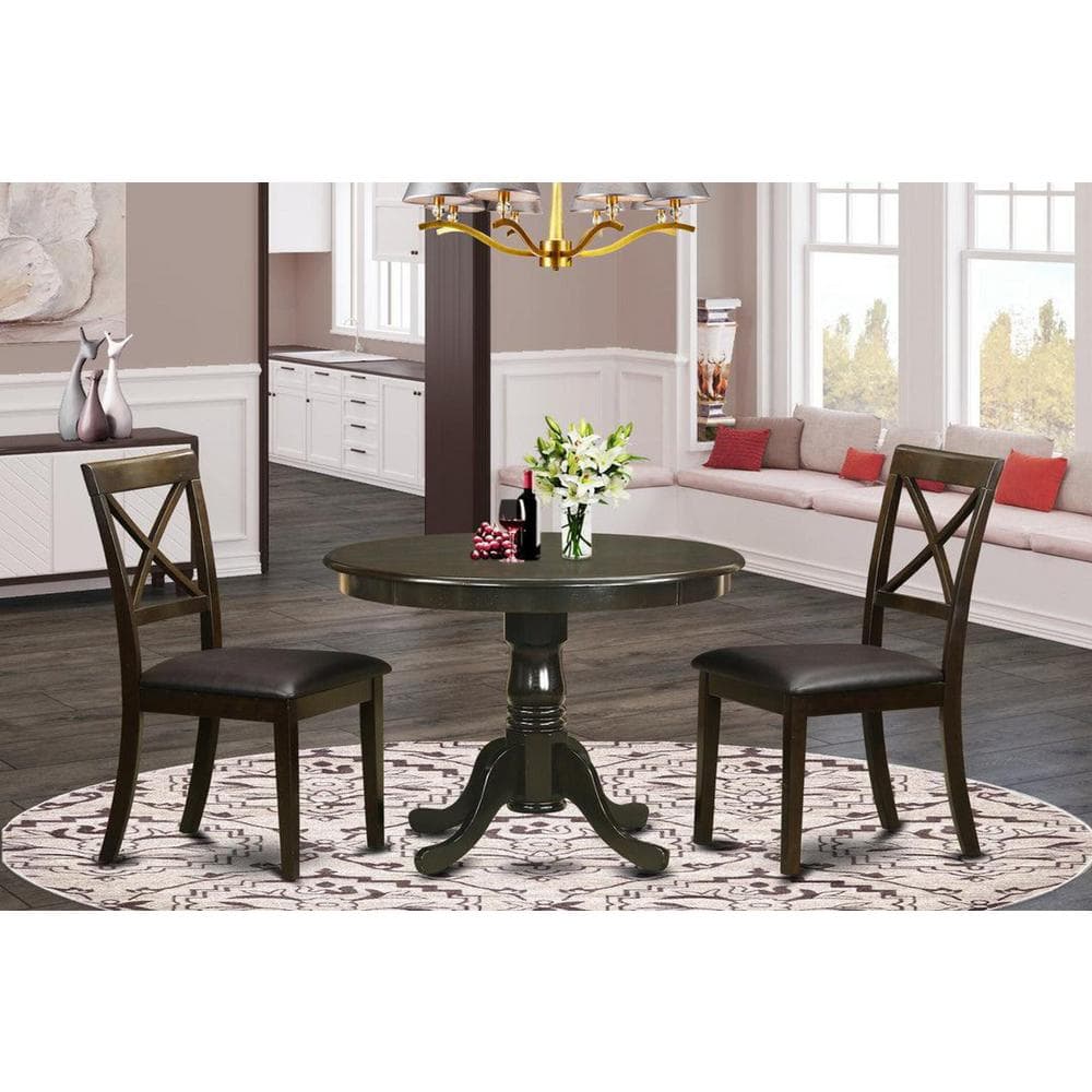 Cappuccino Round Pedestal Dining Table with 2 Faux Leather Chairs