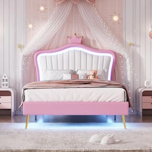 Pink and White Wood Frame Twin Size PU Upholstered Platform Bed with Princess Crown Headboard, LED Lights, Metal Legs