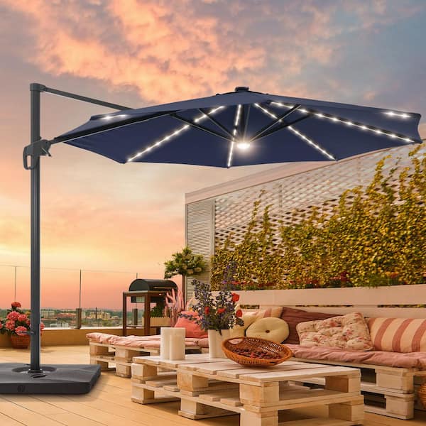 Sonkuki 11 ft. Patio Cantilever LED Offset Umbrella With a Base, Round Canopy With Aluminum Frame, Sunbrella Fabric, Navy Blue