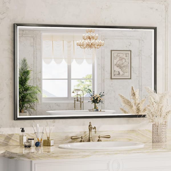 48 in. W x 30 in. H Modern Double Beveled Aluminum Frame Rectangular Wall Mirror, Brushed Black