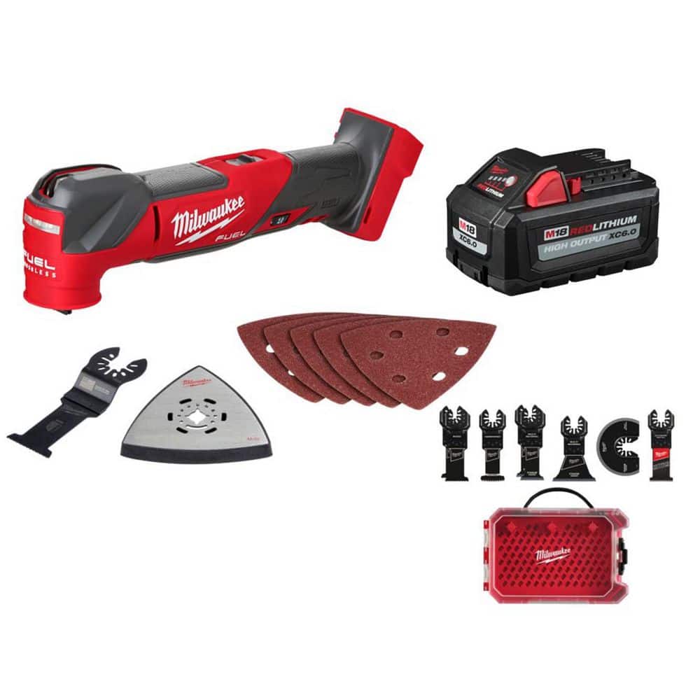 MILWAUKEE M18 FUEL 18V Lithium-Ion Cordless Brushless Oscillating Multi-Tool w/ 6.0 Battery & OMT Blades (2836-20-48-)