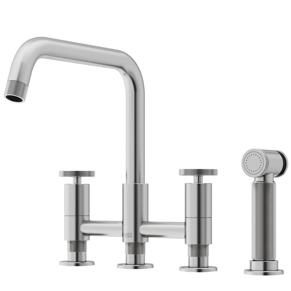VIGO Cass Double Handle 8 in. Widespread Bridge Kitchen Faucet with Pull-Out Sprayer in Stainless Steel