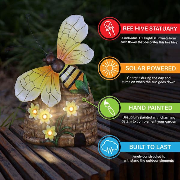 Exhart Solar Hand Painted Bee Hive with LED Flowers Garden Statue