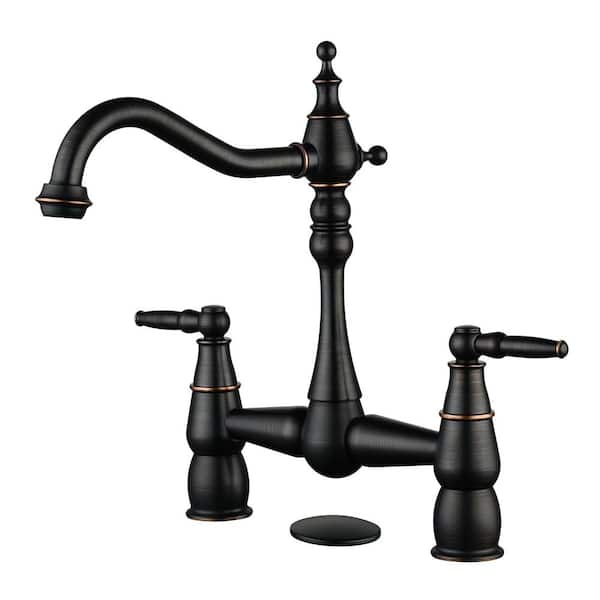 WOWOW Double-Handle Bridge Kitchen Faucet Deck-Mount, 2 Hole Brass Kitchen Sink Faucet in Oil Rubbed Bronze
