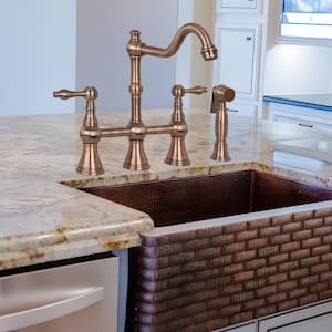 2-Handles Bridge Kitchen Faucet with Side Spray in Antique Copper