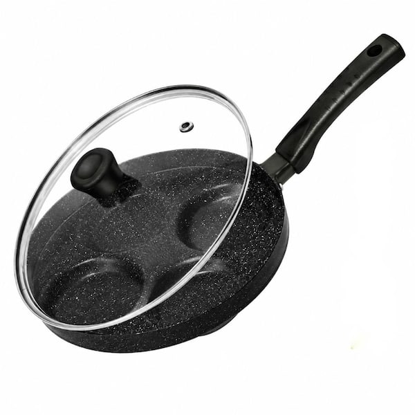 9.45 in. 4-Egg Nonstick Aluminum Fried Egg Cooker Pan with Marble Nonstick Coating, Glass Lid Spatula