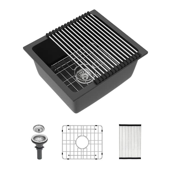 17.7 in. Undermount Singel Bowl 16-Gauge Black Quartz Kitchen Sink with Bottom Grid, Basket Strainer