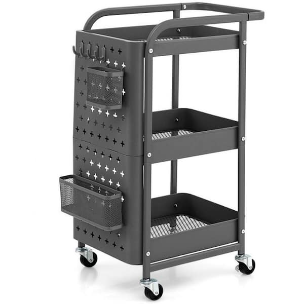 3 Tier All-Metal Rolling Cart, Trolley Craft Cart with Locking Wheels,  Easy-Carry and Assembly Mesh Trolley Cart with 1 Small Baskets and 4 Hooks  for