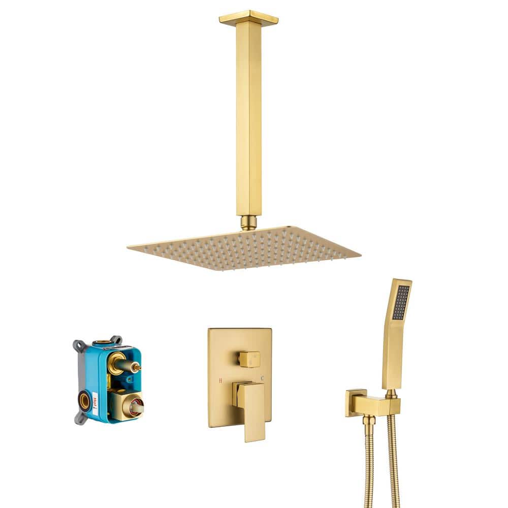 1-Spray Patterns 12 in. Ceiling Mount Dual Shower Heads with Hand Shower Faucet in Brushed Gold (Valve Included) price history on PriceWatchPro